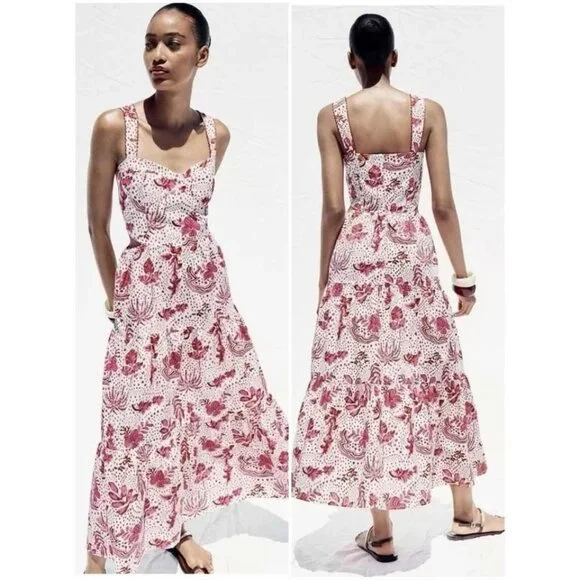 NWT Zara Women's L Strappy Floral Cut-Out Maxi Dress Pink White Resort Tropical - Picture 3 of 14